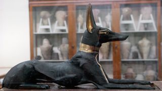 This statue of Anubis, a jackal-headed ancient Egyptian god associated with mummification, was found in Tutankhamun's tomb. It is made of wood and gold.
