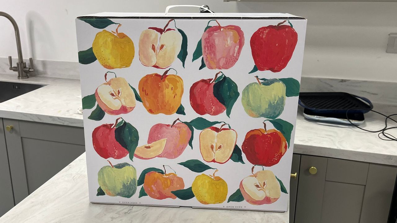 The bock for the Nama cold-press juicer, with water-color style paintings of apples on it.