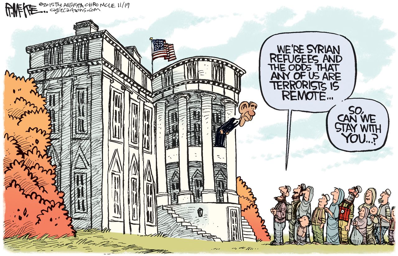 Obama cartoon Refugees White House