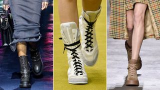 A composite of models on the runway showing fall winter shoe trends 2023 combat boots