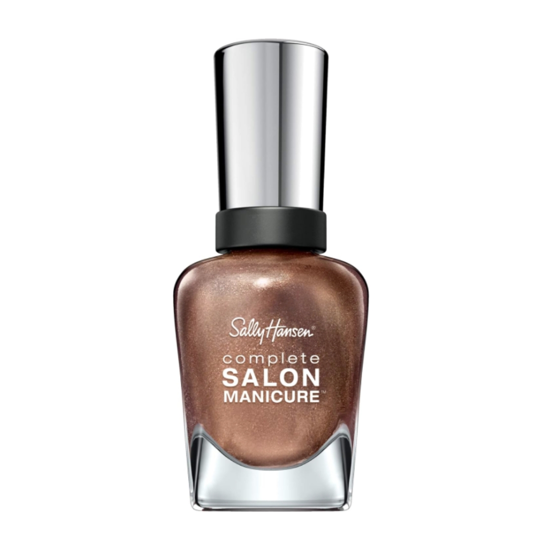 A product shot of the Sally Hansen Complete Salon Manicure Nail Polish in shade Legally Bronze (a shimmery metallic bronze colour), on a white background