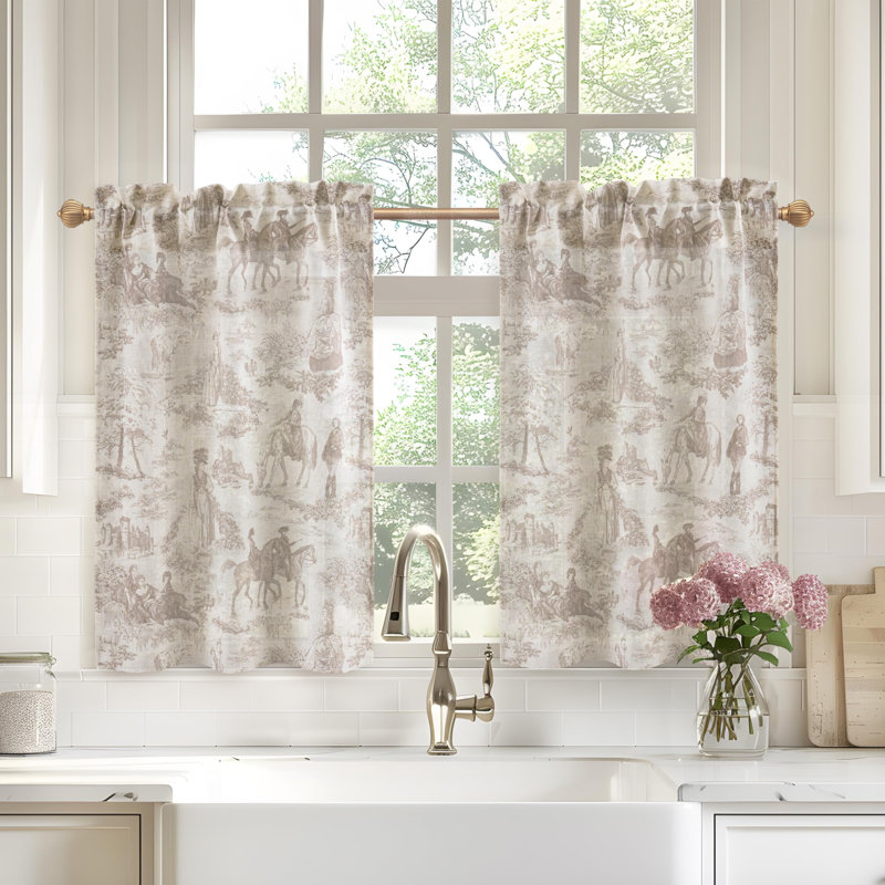 Charlton Home&amp;reg; Kitchen Curtains Toile Tier Linen Short Curtains Cafe for Living Room Bathroom Farmhouse French Country Vintage Printed Pattern Rod Pocket 2 Panels | Wayfair