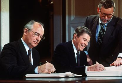 Mikhail Gorbachev and Ronald Reagan.