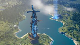 Towerborne windmill by a lake