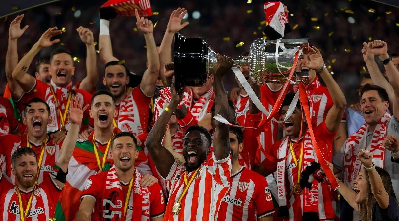 Athletic Club players celebrate their Copa del Rey final win over Mallorca in April 2024.