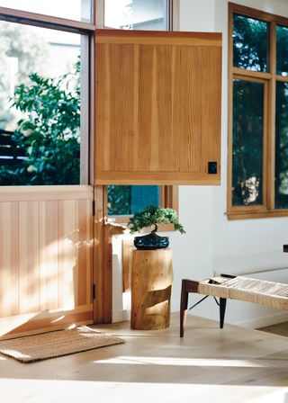 An entryway with a split door and a bonsai tree on a pedestal