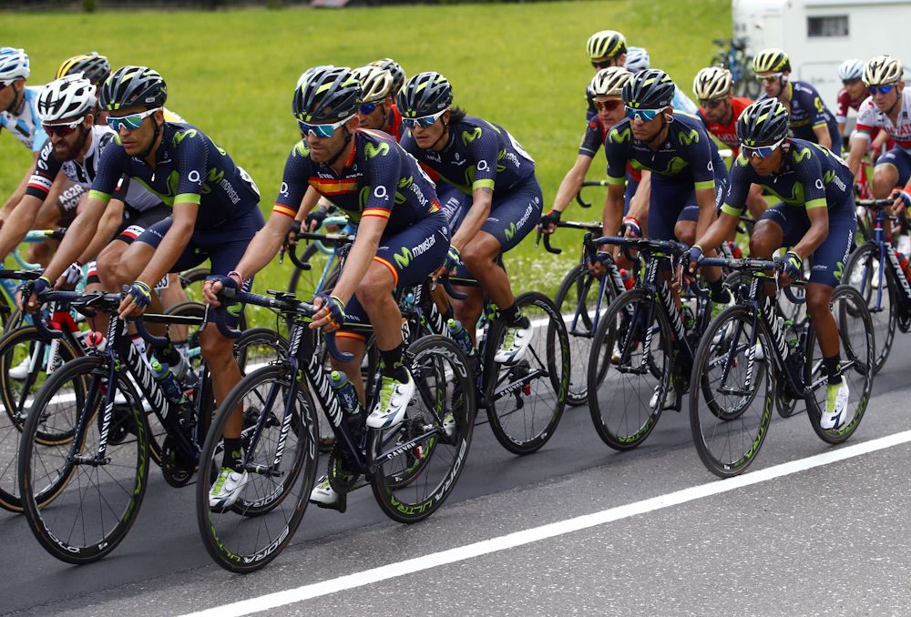Movistar riders are bunched up during stage 17 at the Giro