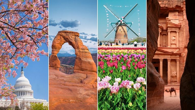 A composite image of four of the best places to visit in April 2022: Washington, Utah, Holland and Petra in Jordan