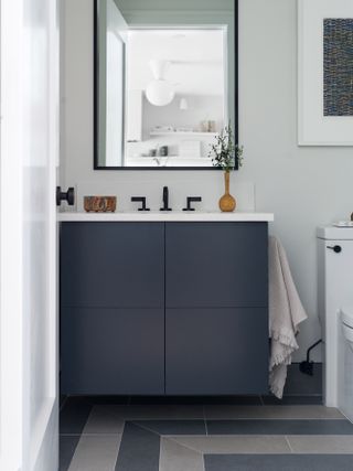 Small bathroom with dark blue bathroom vanity