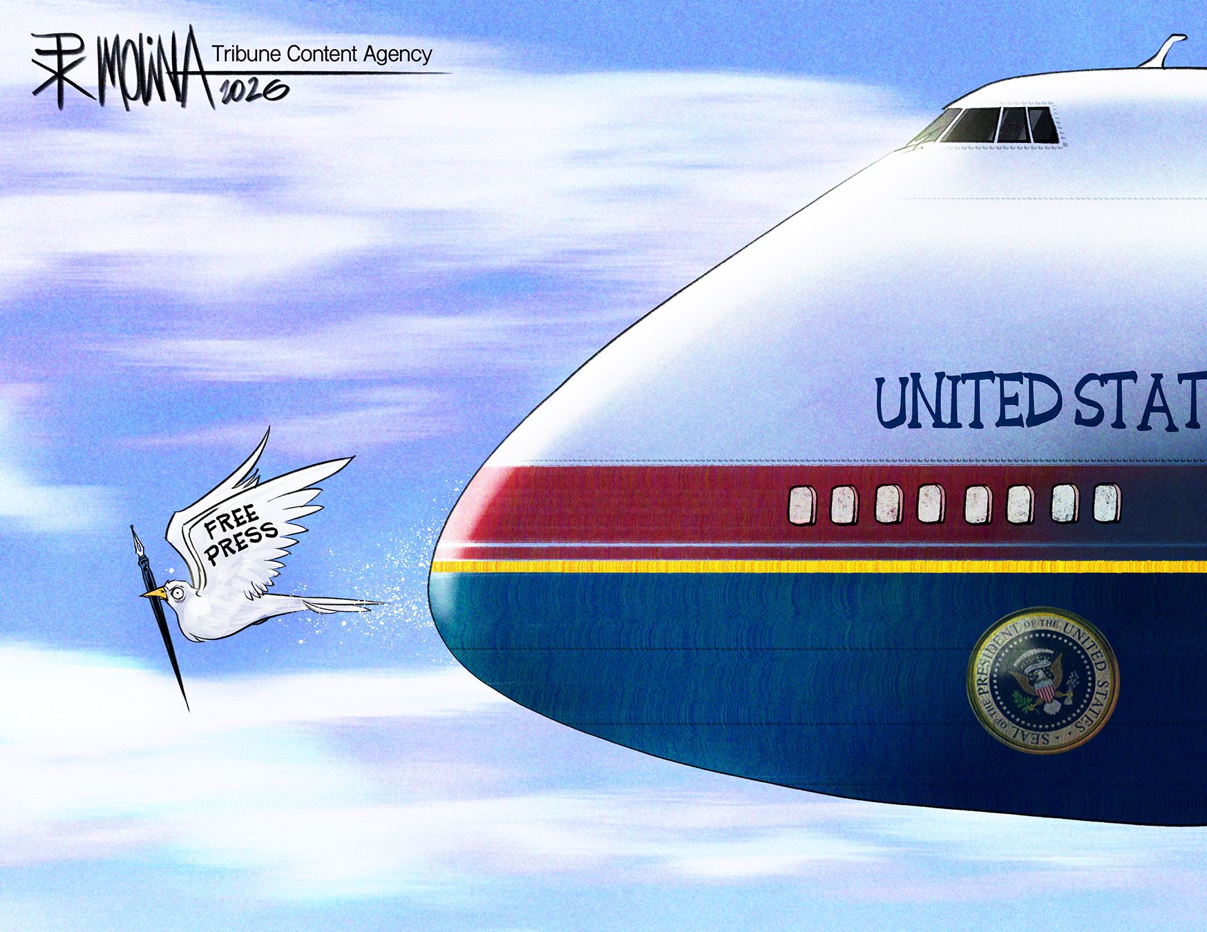 
                                A small dove labeled “Free Press” carrys a pen and flies dangerously in front of the nose of the Air Force One hand-me-down 747 given by the Qataris to the United States.
                            