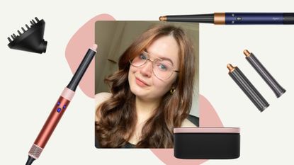 A picture of Contributing Beauty Editor, Lucy Abbersteen with a curly blow-dry, having used the Dyson Airwrap, surrounded by product shots of the Dyson Airwrap and Dyson Airwrap .i.d. and some of its attachments, on a cream template with pink dots.