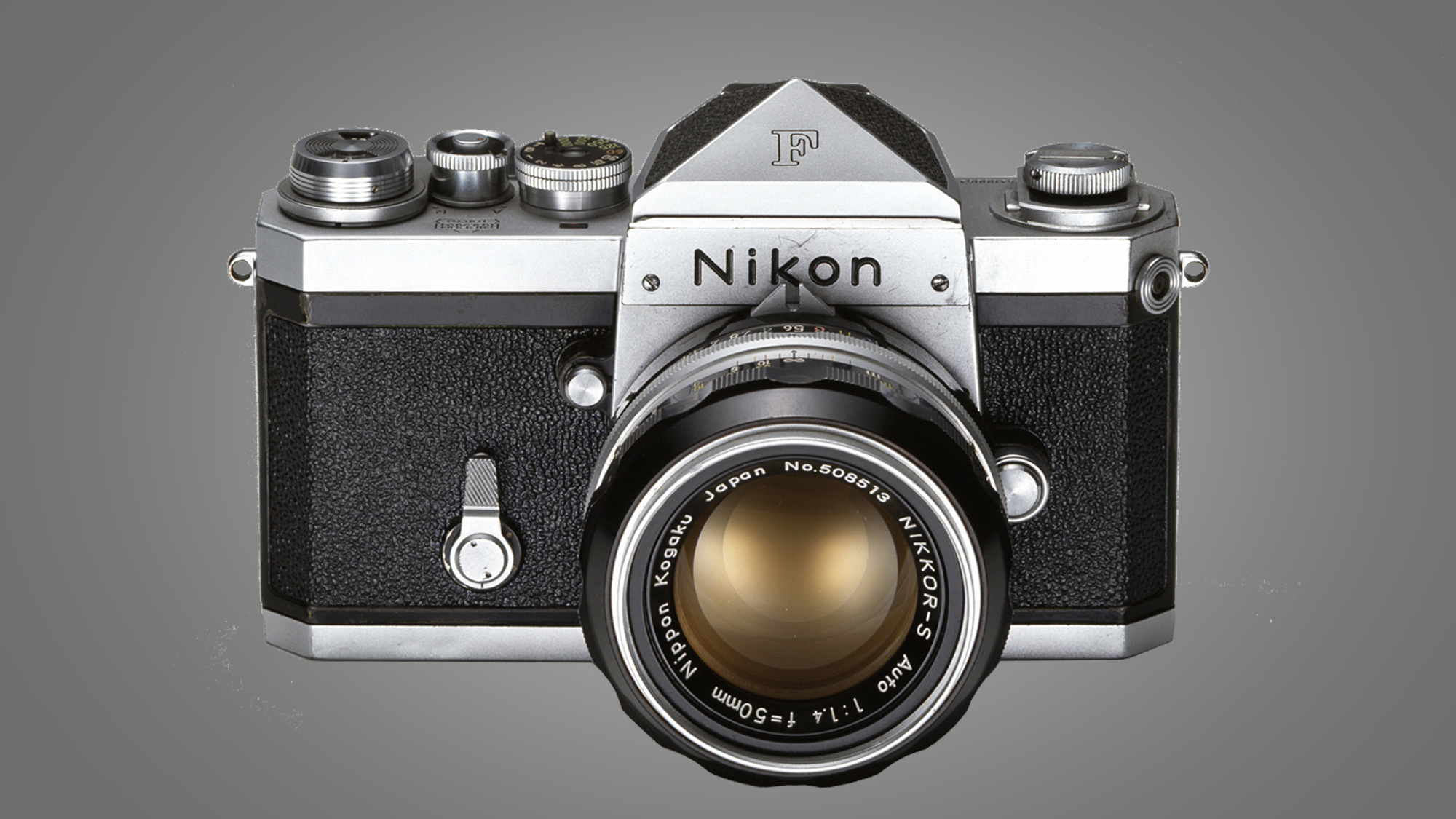 The Nikon F camera on a grey background