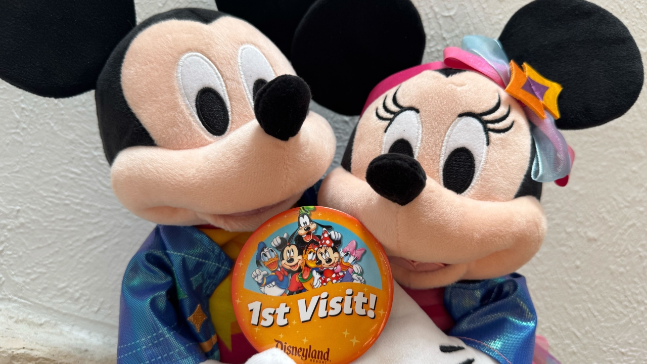 Mickey and Mouse plush toys holding a Disneyland &quot;1st Visit&quot; button