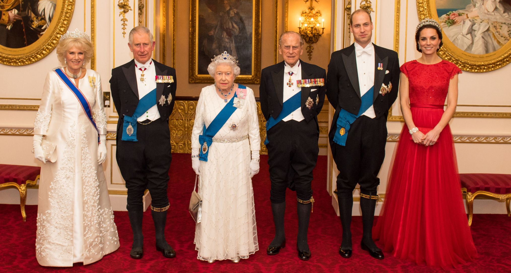 Queen Camilla, King Charles, Queen Elizabeth, Prince Philip, Prince William and Princess kate at the 2016 Diplomatic Corps reception