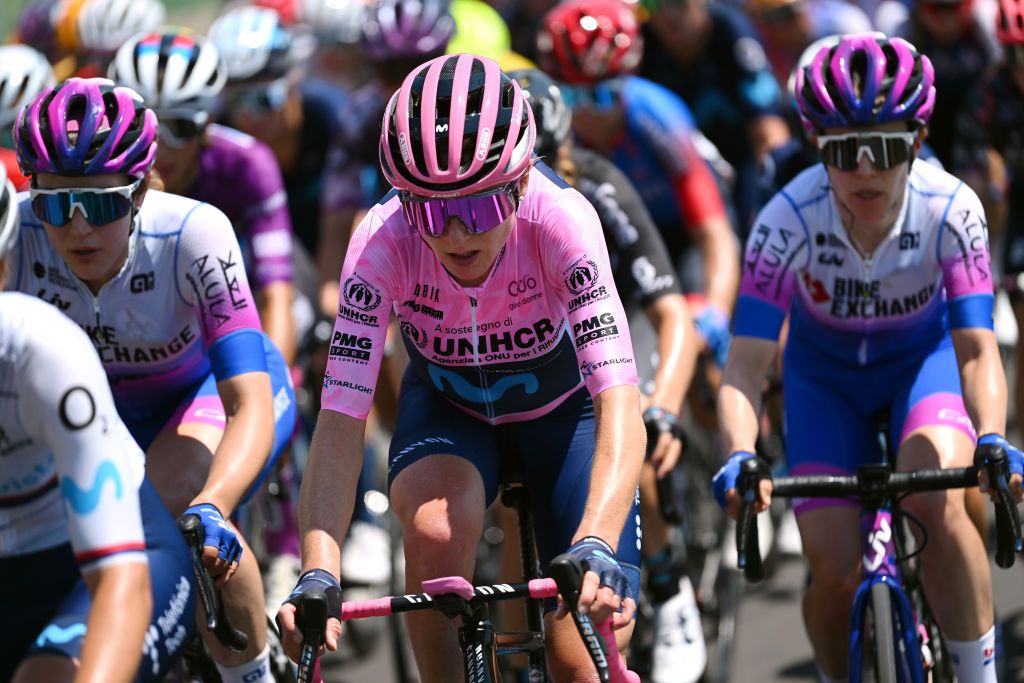 BERGAMO ITALY JULY 06 Annemiek Van Vleuten of Netherlands and Movistar Team Pink Leader Jersey competes during the 33rd Giro dItalia Donne 2022 Stage 6 a 1147km stage from Sarnico to Bergamo GiroDonne UCIWWT on July 06 2022 in Bergamo Italy Photo by Dario BelingheriGetty Images
