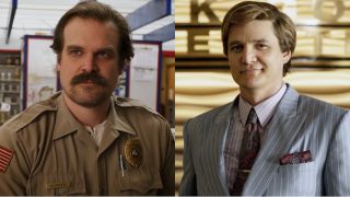 Side-by-side pictures of David Harbour in Stranger Things and Pedro Pascal in Wonder Woman 1984