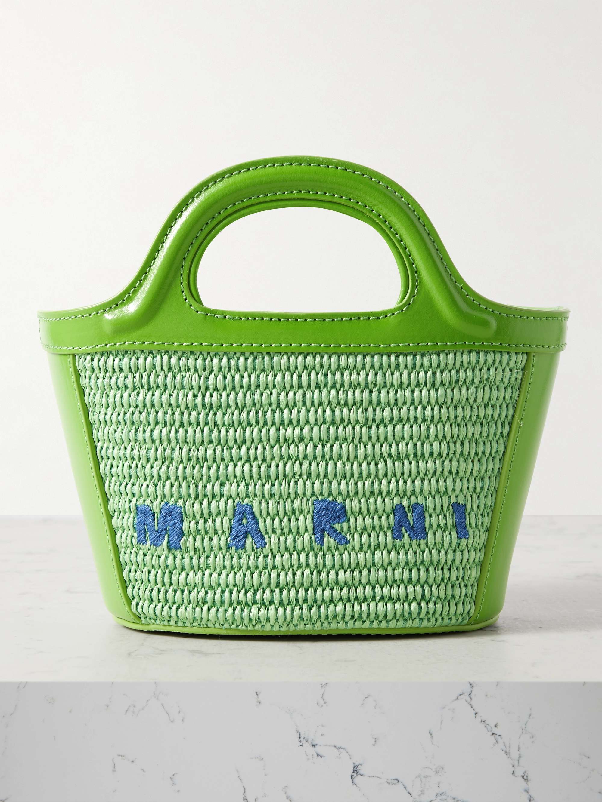 Tropicalia Micro Leather and Embroidered Faux Raffia Tote
