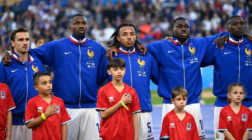 France players sing the national anthem in their Euro 2024 warm-up game against Luxembourg in June 2024.