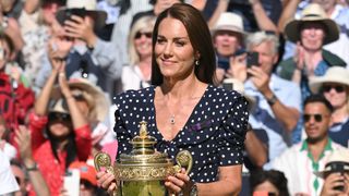 Princess Catherine holds the Wimbledon Trophy at the Wimbledon Men's Singles Final