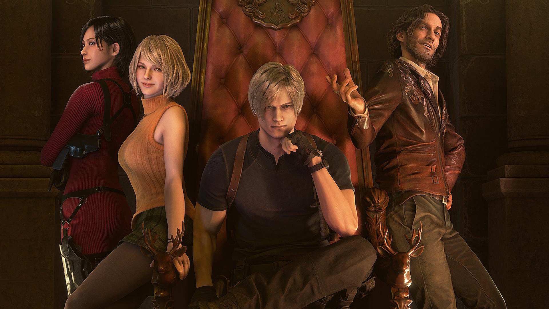 Resident Evil 4 Remake - Leon sitting on Salazar's throne, flanked by Ashley, Ada, and Luis