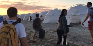 Attendees arrive at their "glamping" tents in Fyre: The Greatest Party That Never Happened