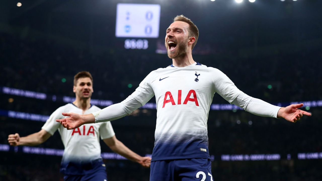 Tottenham midfielder Christian Eriksen celebrates after scoring the winning goal against Brighton