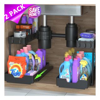 Black under the sink organizer with colourful cleaning products inside