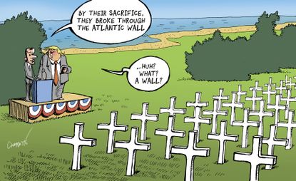 Political Cartoon U.S. France Macron Trump US Military WWII