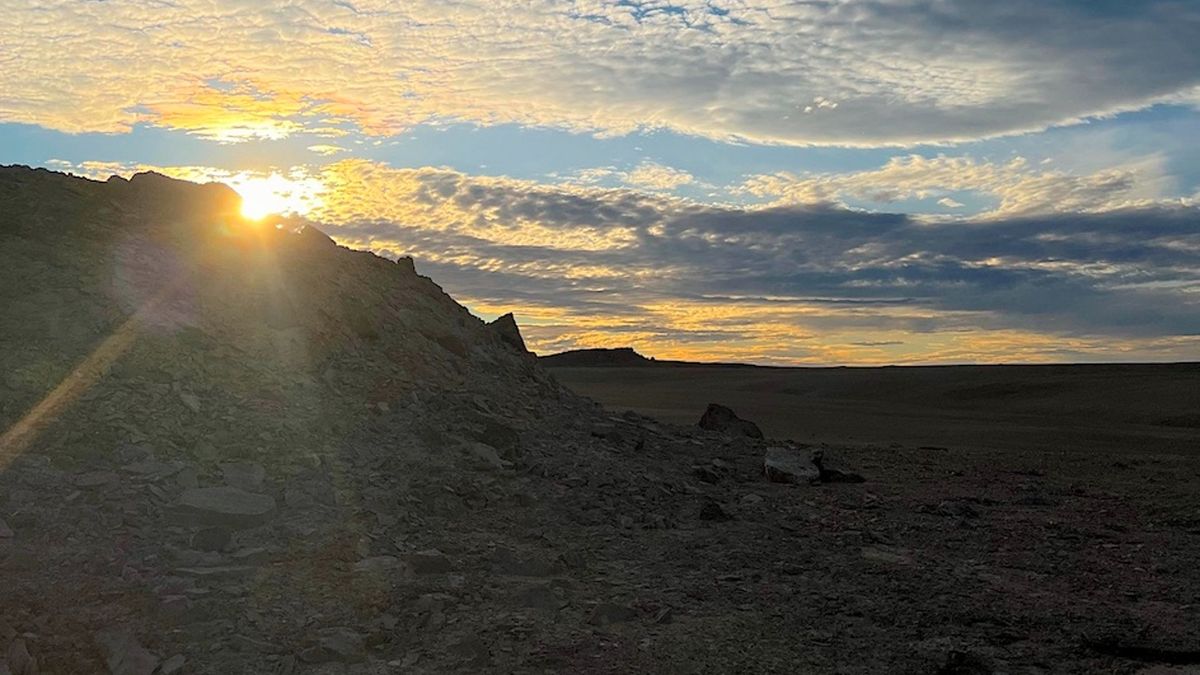 A view of the Arctic landscape at sunset. 