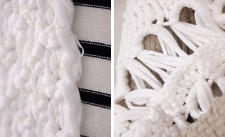 Two images, Right-Close up of chunky knit sweater and thin scarf in white and white and blue, Right- Close up of chunky knit sweater in white