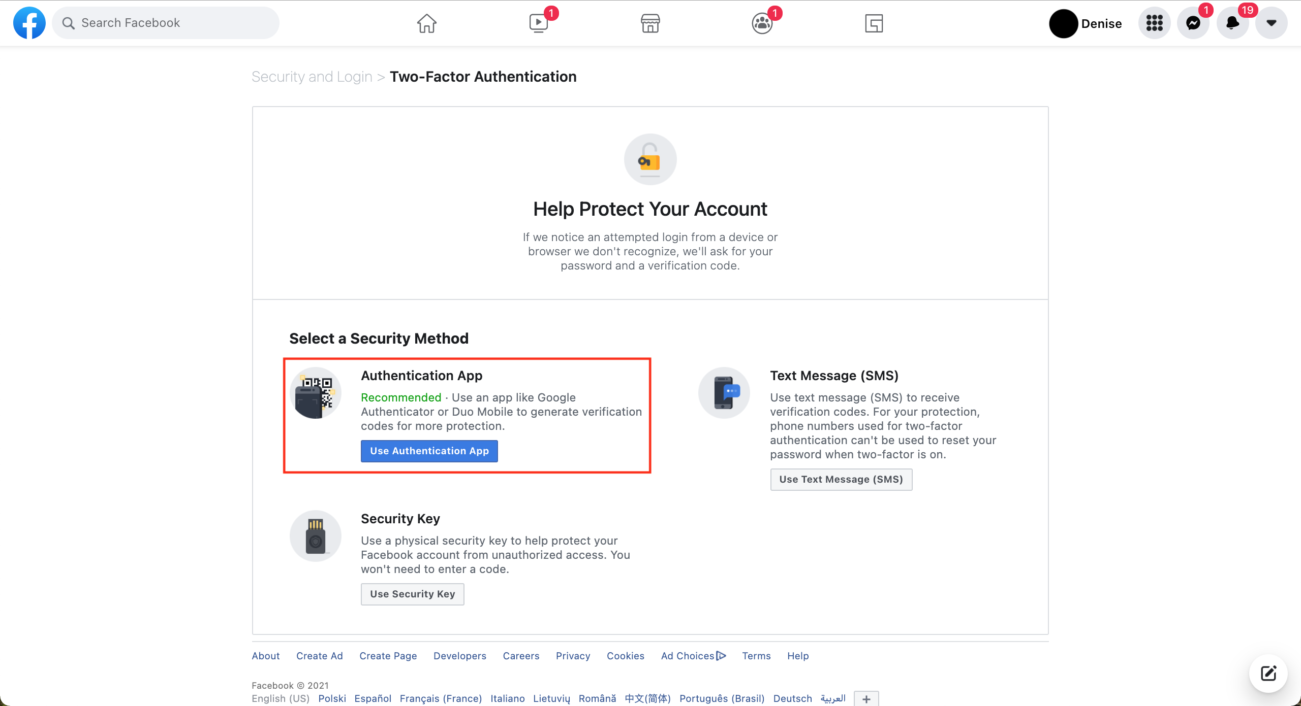 How to set up two-factor authentication on Facebook using a browser