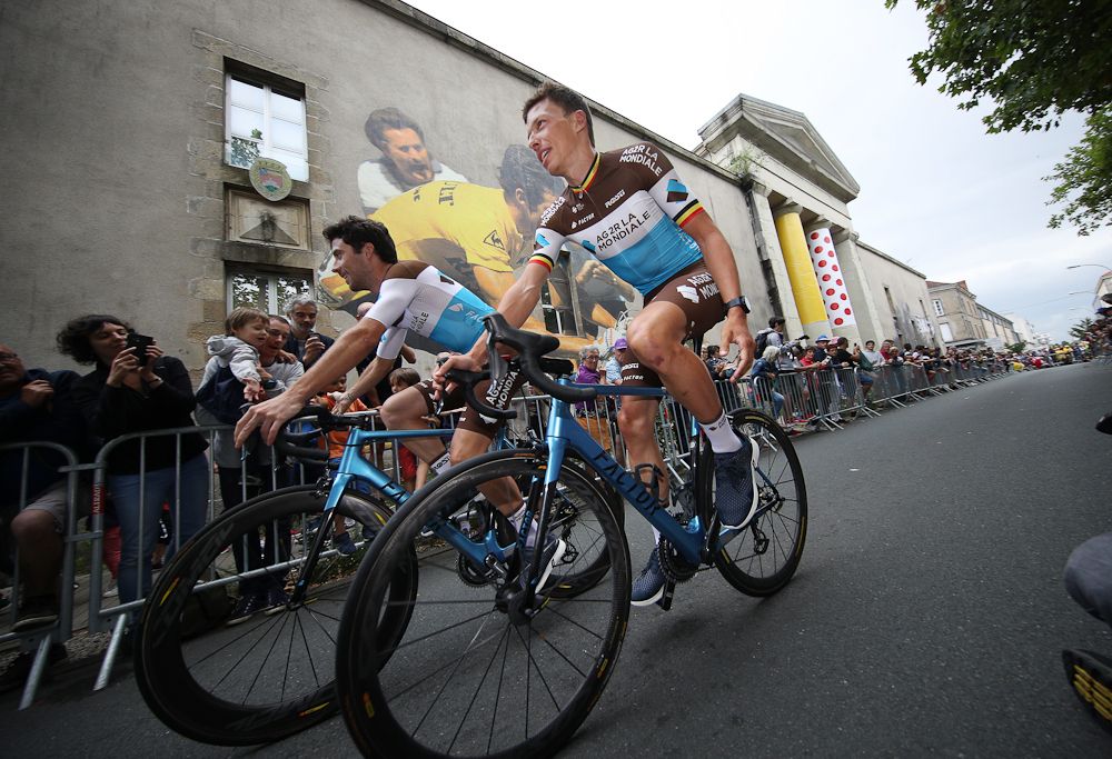 AG2R riders make their way to the stage at the 2018 Tour de France team presentation