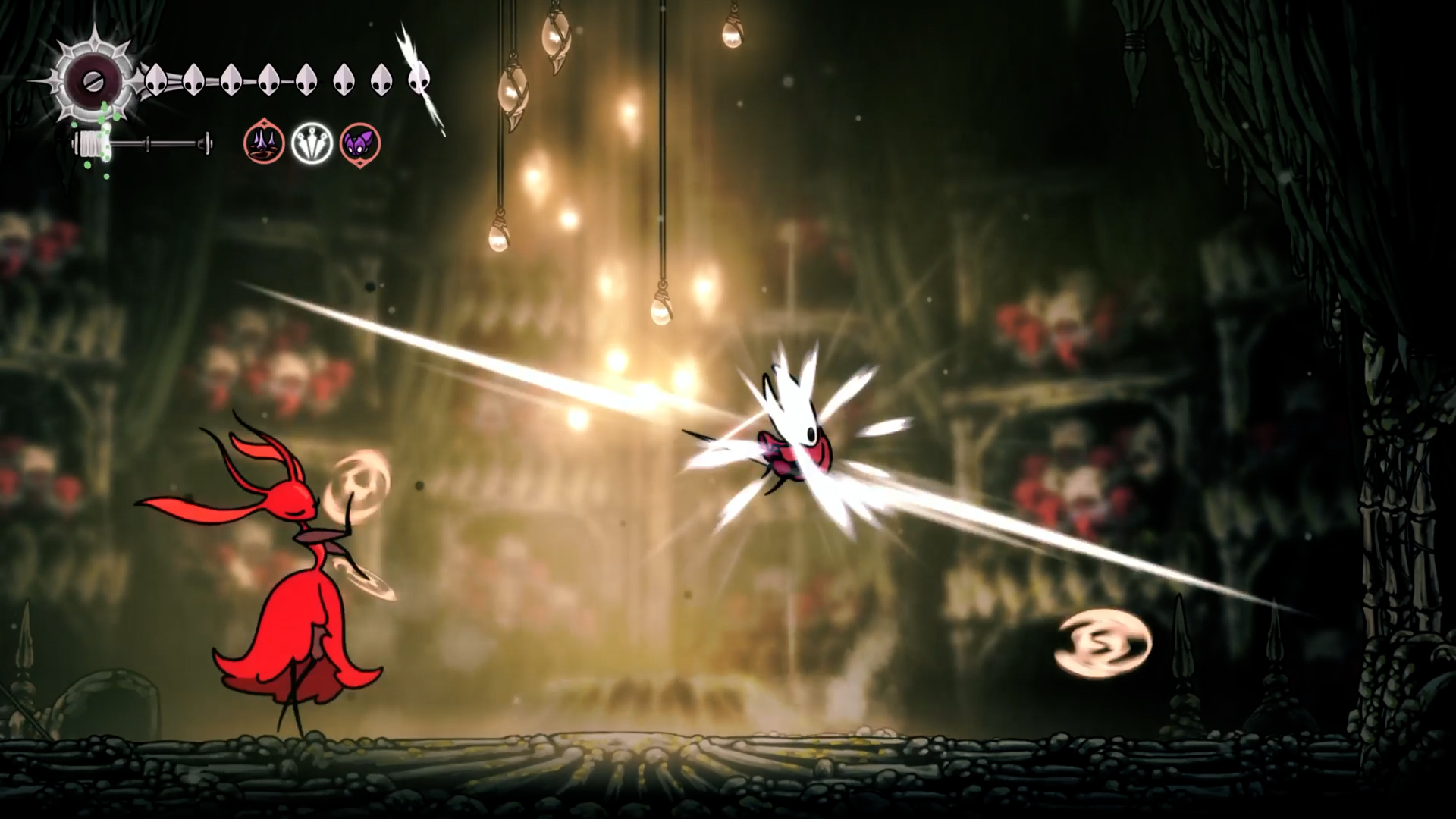 Image showing Hollow Knight: Silksong&#039;s Karmelita hitting Hornet with a projectile