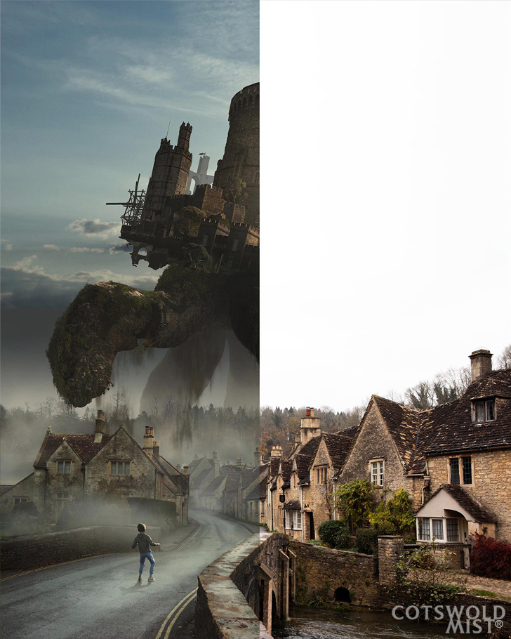 Cotswold Mist; making of a scene showing a castle walking above an English village