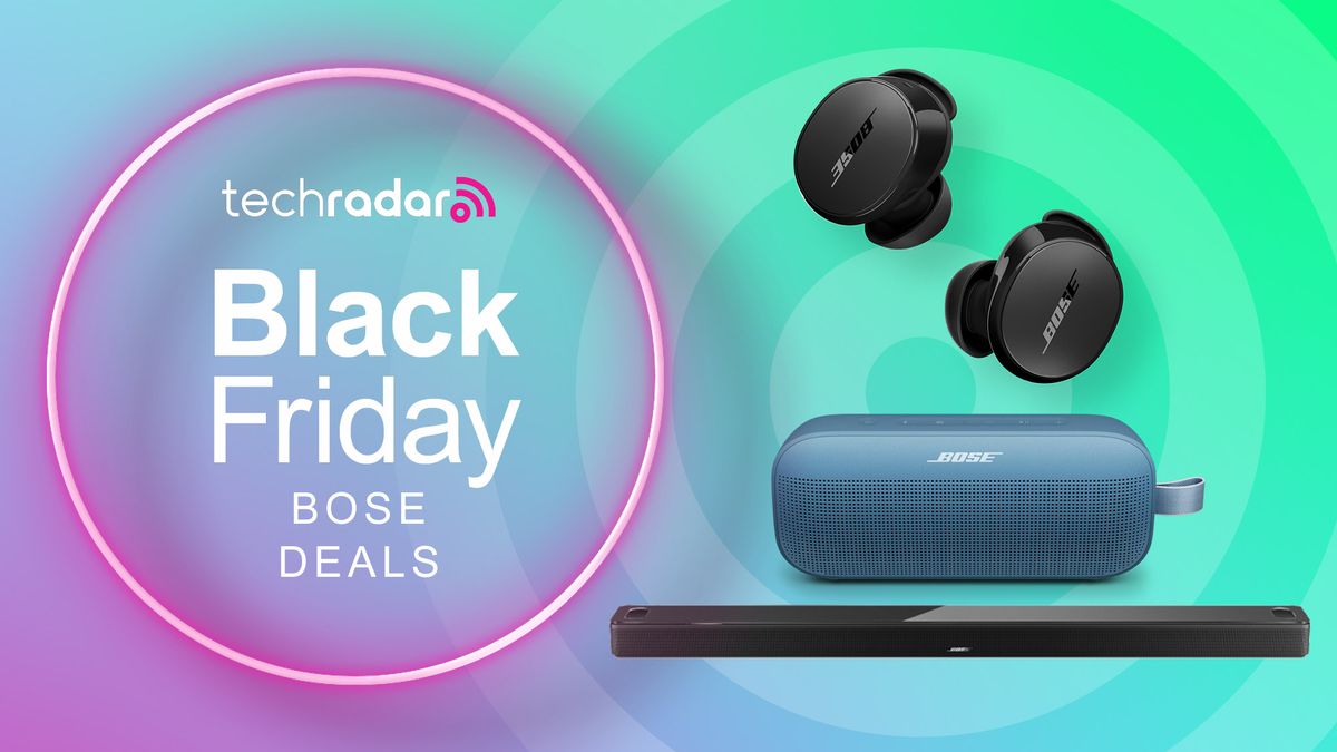 Bose QuietComfort Earbuds, SoundLink Flex and Smart Ultra Soundbar on teal and pink gradient background with &quot;Black Friday Bose Deals&quot; text to the left.