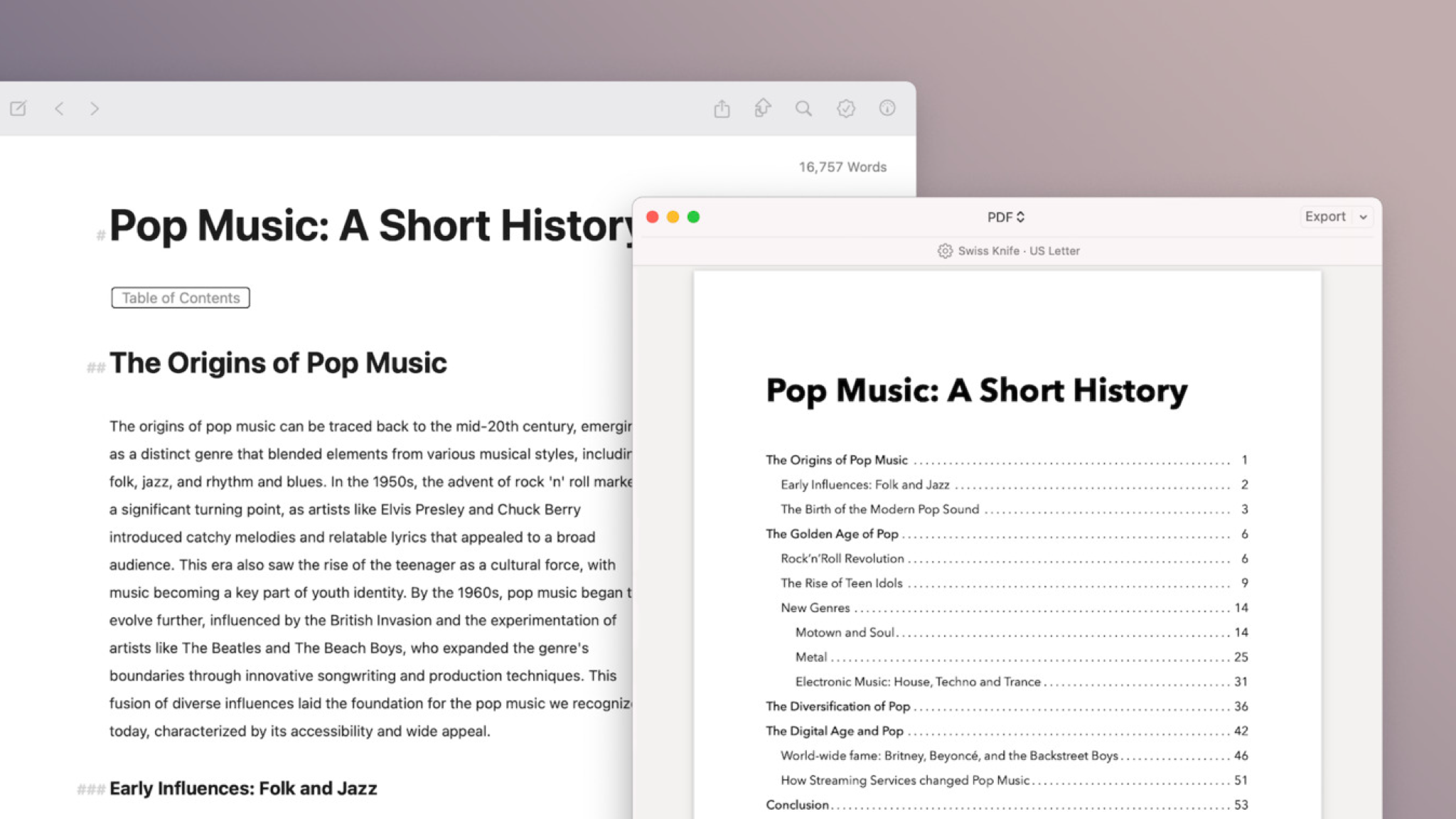Table of Contents in the Ulysses app