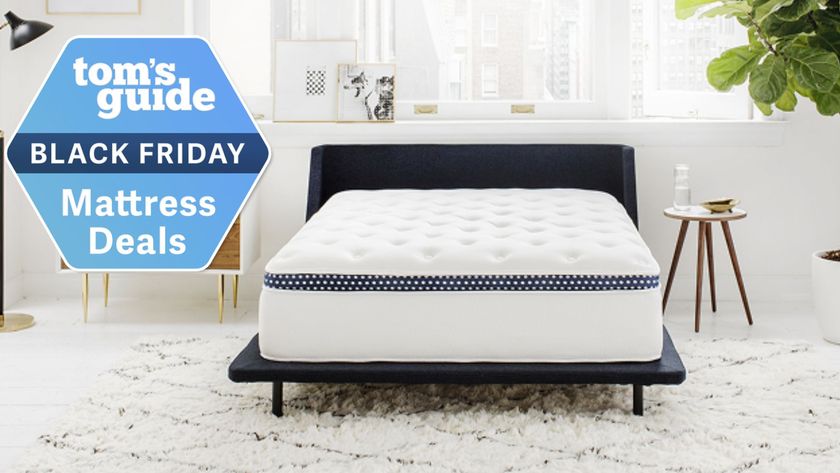 An image of the WinkBed mattress on a bed frame in a bedroom with a Black Friday mattress deals badge in the top left foreground. 