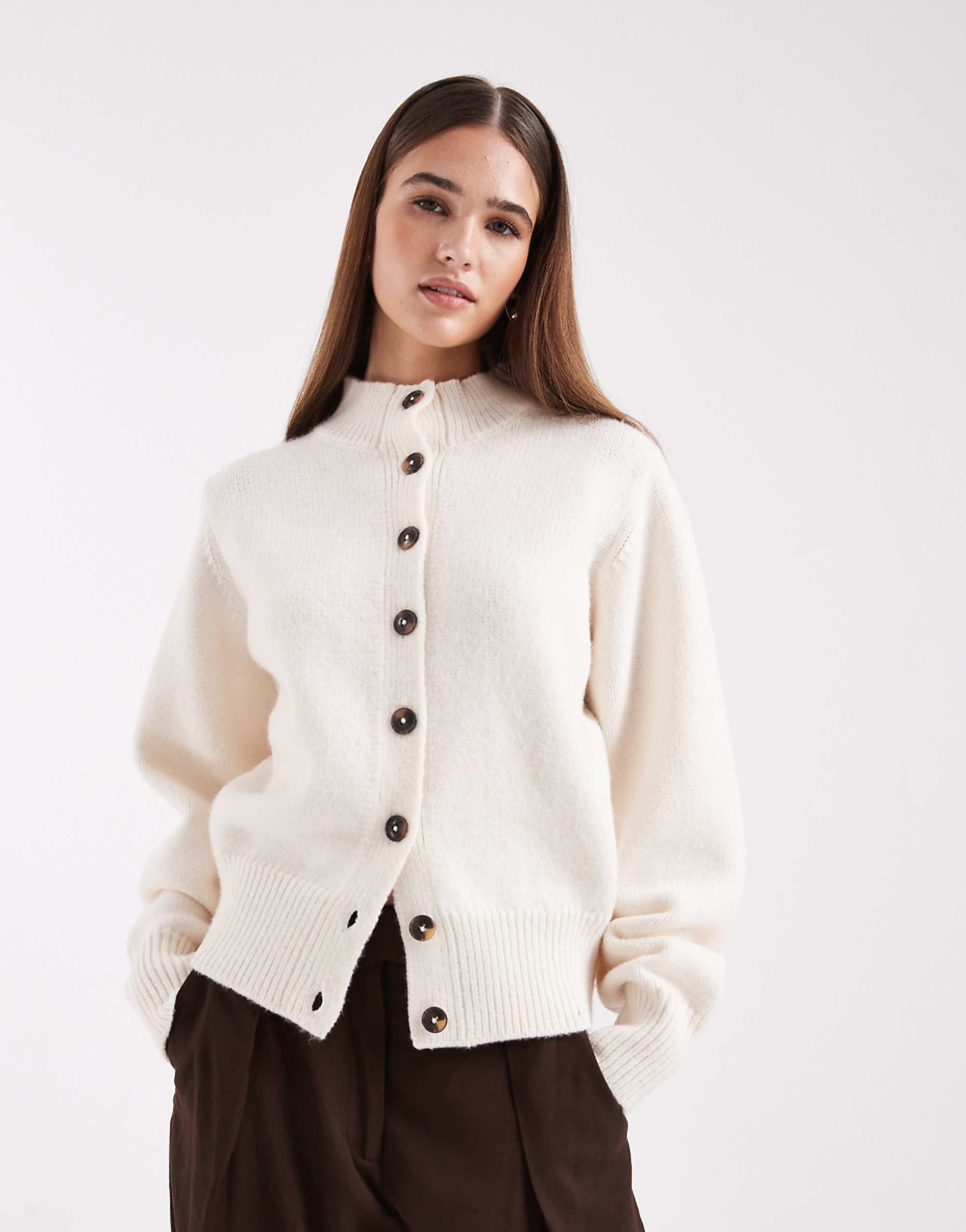 Asos Design High Crew Neck Cardigan in Cream