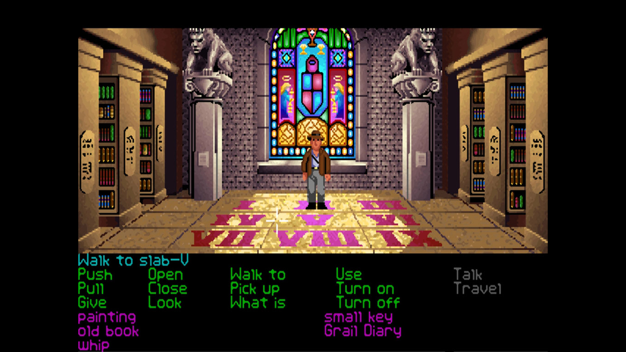 Indy stands at the library puzzle in the Indiana Jones and the Last Crusade adventure game on PC