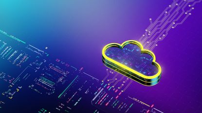 Cloud security concept image showing digitized cloud symbol on a circuit board with data flowing out of the cloud.