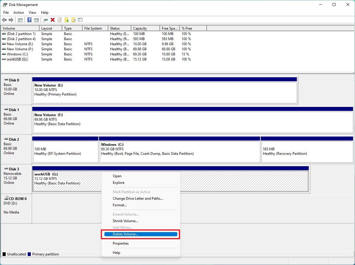 Delete USB volume on Windows 11