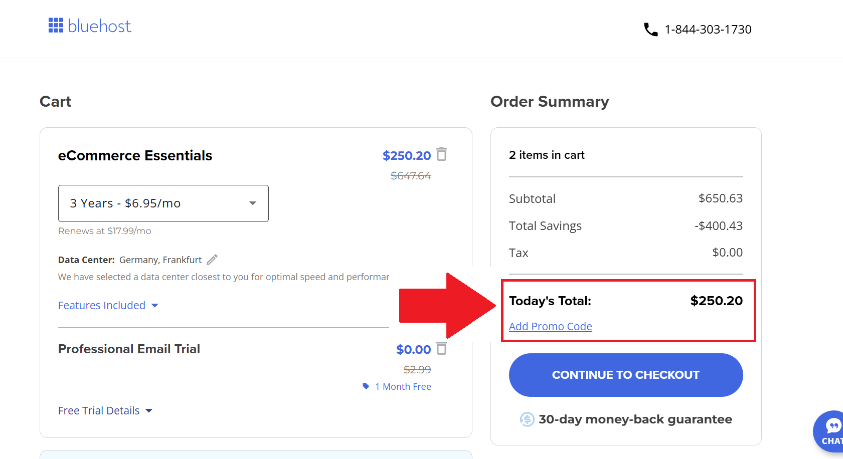 A screenshot showing the Bluehost checkout page and where to enter your Bluehost promo code