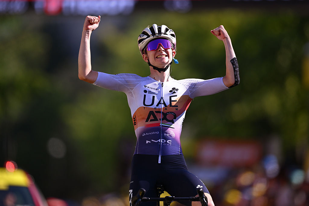 CHAMBERY, FRANCE - AUGUST 01: Maeva Squiban of France and UAE Team ADQ celebrates at finish line as stage winner during the 4th Tour de France Femmes 2025, Stage 7 a 159.7km stage from Bourg-en-Bresse to Chambery / #UCIWWT / on August 01, 2025 in Bourg-en-Bresse, France.