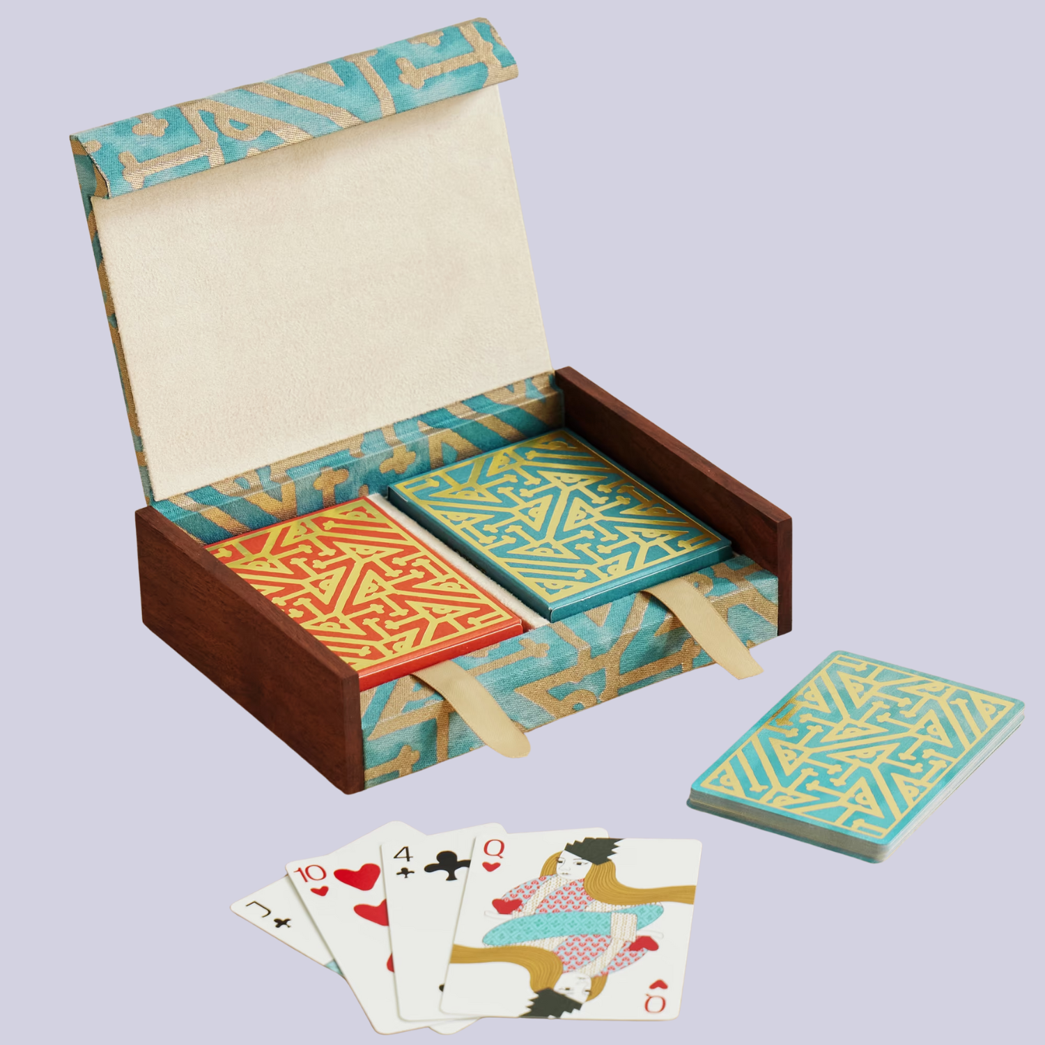 A pack of red and green patterned cards