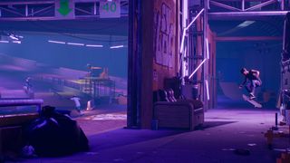 An official screenshot of a neon-lit indoor skate park in skate.