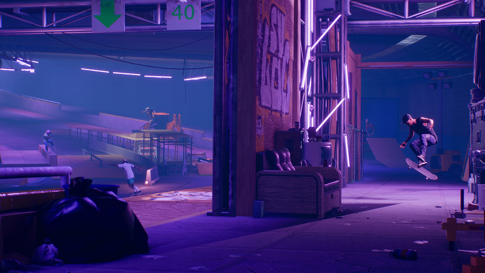 An official screenshot of a neon-lit indoor skate park in skate.