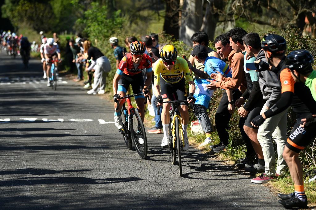 SANTURTZI SPAIN APRIL 06 Jonas Vingegaard of Denmark and Team Jumbo Visma Yellow Leader Jersey and Mikel Landa of Spain and Team Bahrain Victorious compete in the breakaway during the 62nd Itzulia Basque Country Stage 4 a 1757km stage from Santurtzi to Santurtzi UCIWT on April 06 2023 in Santurtzi Spain Photo by David RamosGetty Images
