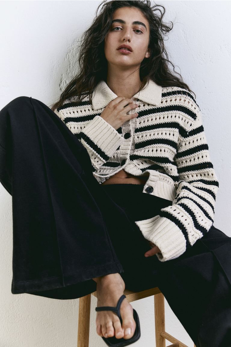 Hole-knit Collared Cardigan