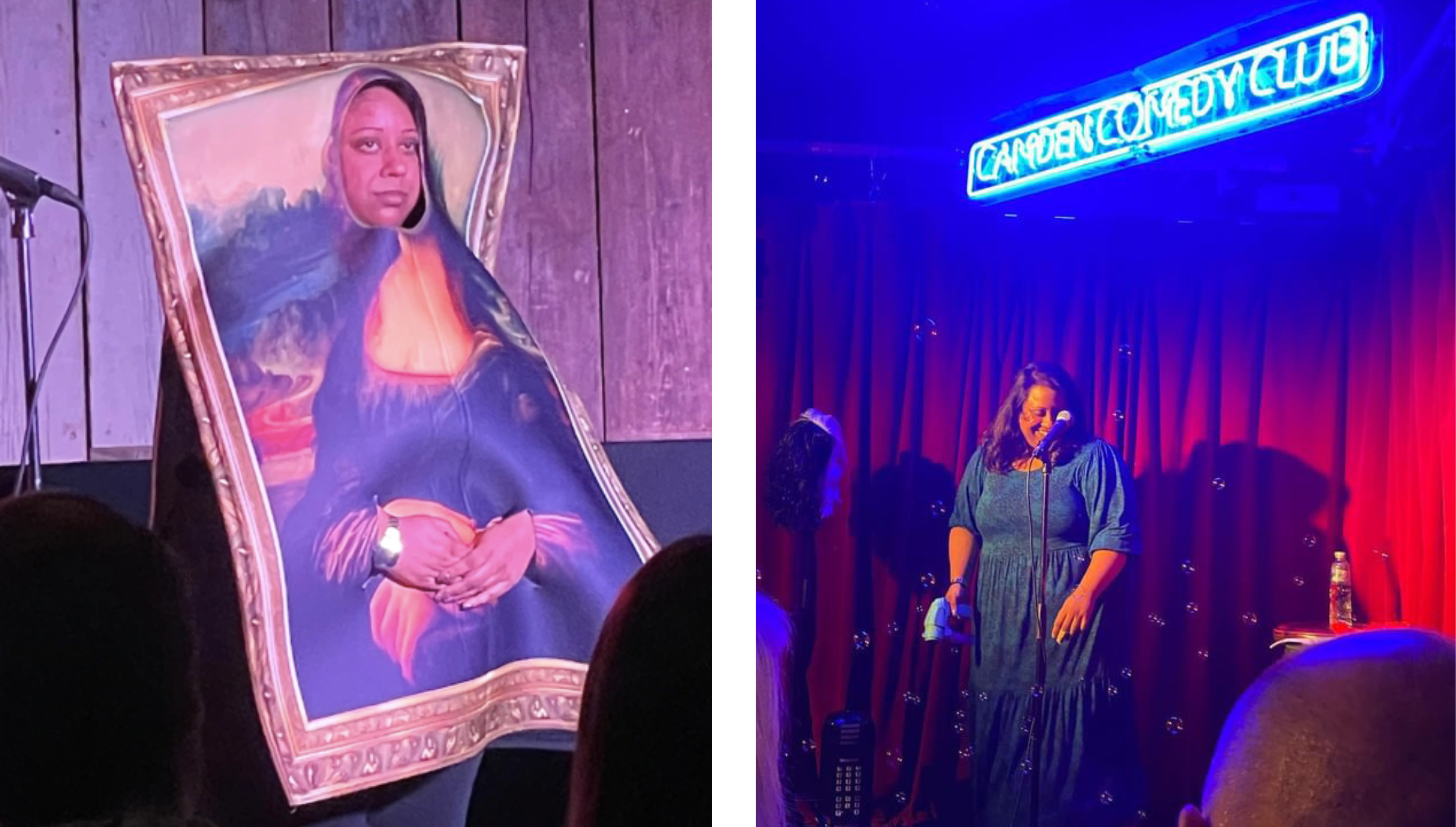 Suchandrika Chakrabarti on stage in two different stand-up comedy gigs: on the left, performing her 'Mona Lisa You’ve Been Framed' show, with her face in the middle of a Mona Lisa print with the face cut out. On the right, performing 'Doomscrolling' at Camden Fringe Festival