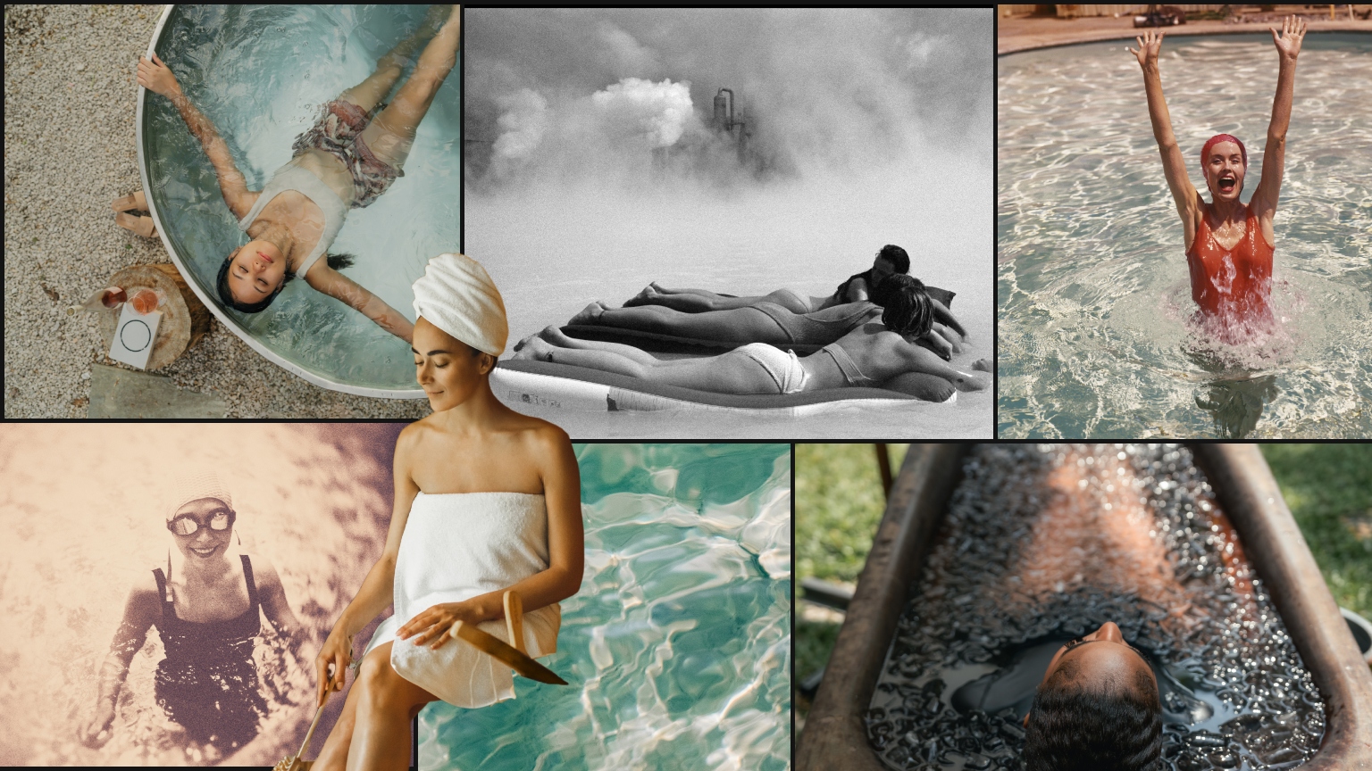a collage of women doing hydrotherapy in pools and hot tubs